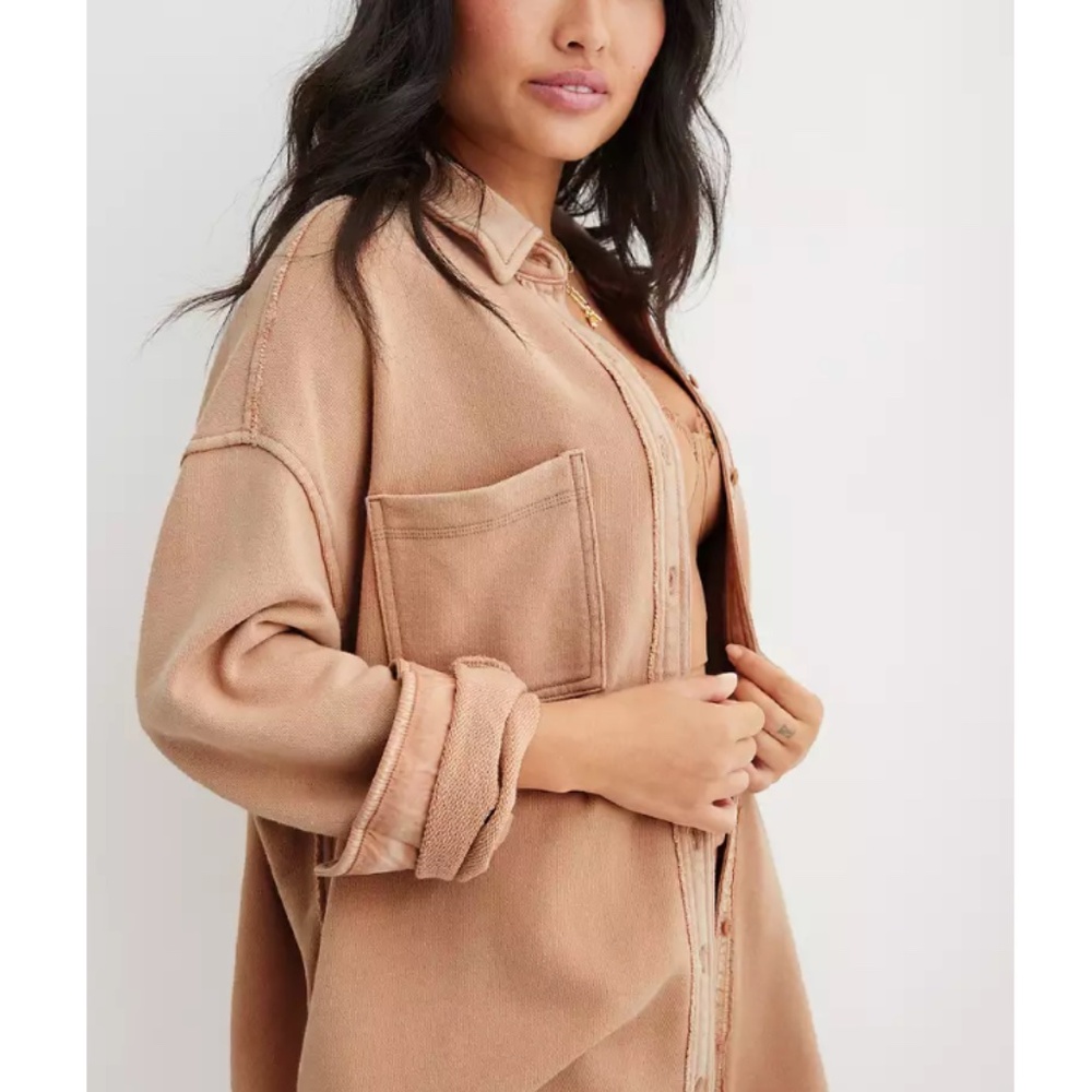 aerie - LumberJane Long Sleeve Fleece Oversized Tan Button Front Shirt  - XL
